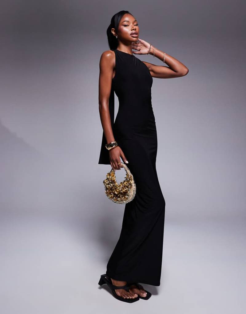 Kaiia - Exclusive - Figurbetontes, doppellagiges Maxikleid in Schwarz mit Racer-Ausschnitt und geraffter Drapierung am Rücken von Kaiia