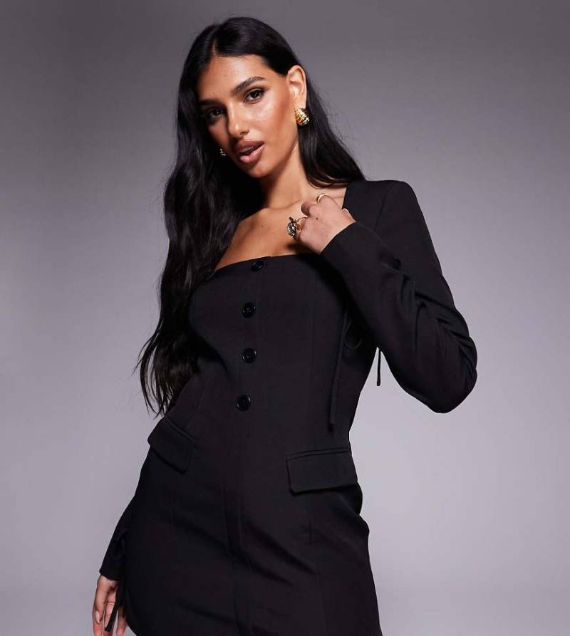 Kaiia Exklusiv - Kurzes elegantes Blazer-Kleid in Schwarz mit eckigem Ausschnitt, Schleife und Bündchen von Kaiia