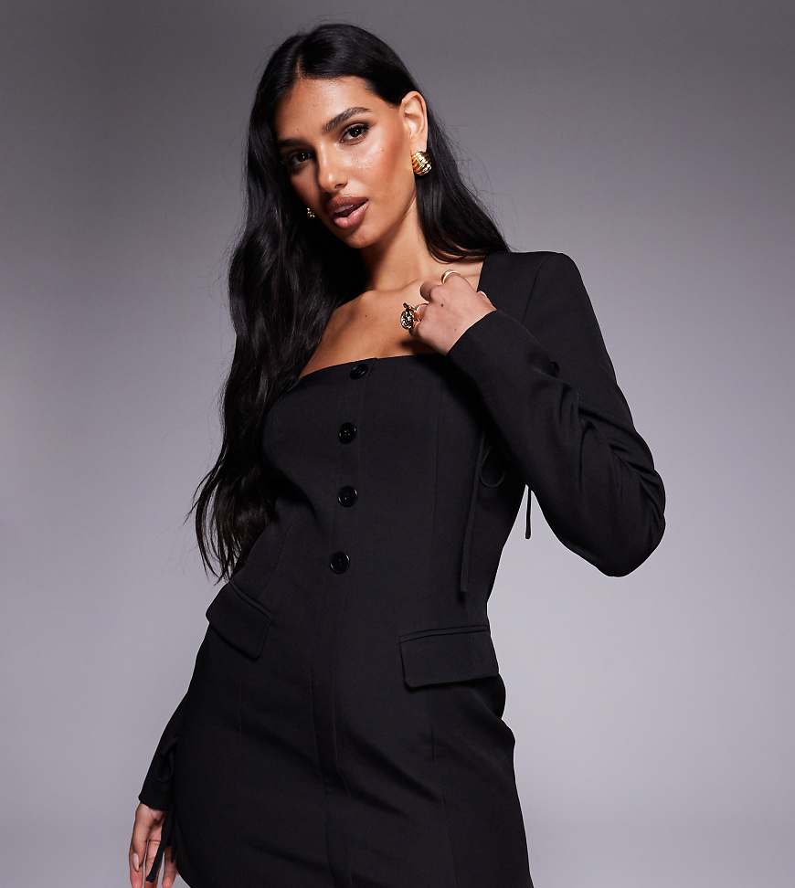 Kaiia Exklusiv - Kurzes elegantes Blazer-Kleid in Schwarz mit eckigem Ausschnitt, Schleife und Bündchen von Kaiia