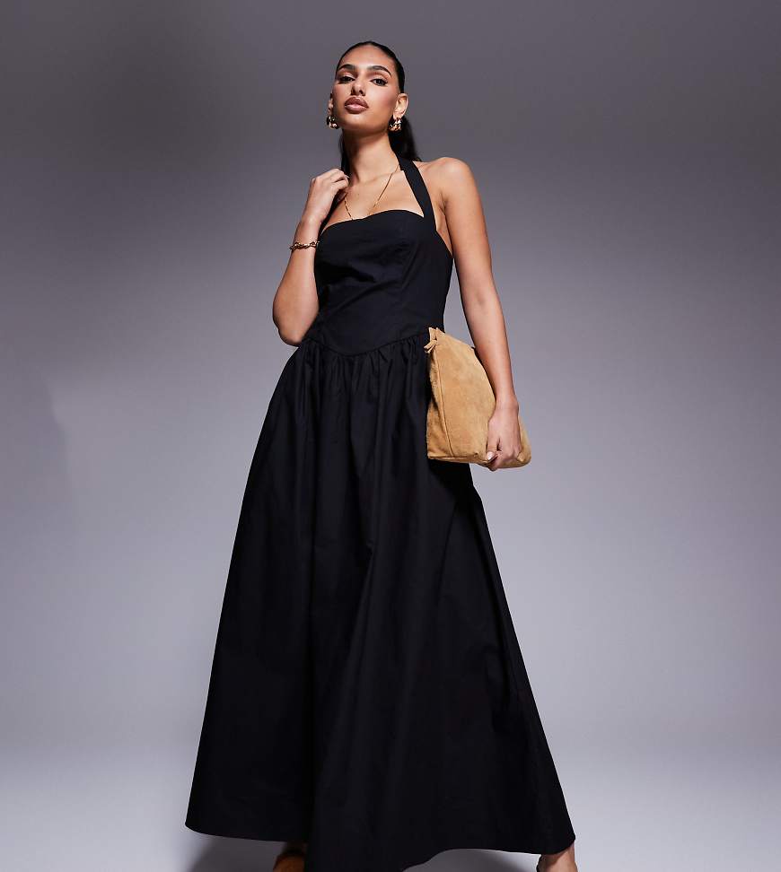 Kaiia Exklusiv - Maxikleid aus Popeline in Schwarz mit hohem Baumwollanteil und eckigem Neckholder-Ausschnitt von Kaiia