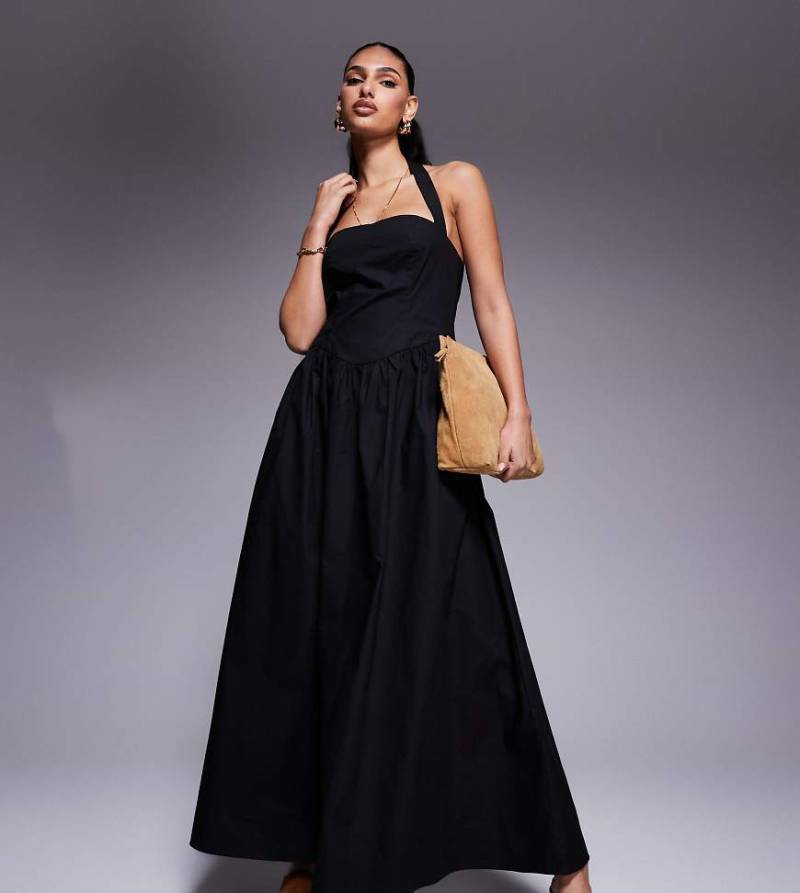 Kaiia Exklusiv - Maxikleid aus Popeline in Schwarz mit hohem Baumwollanteil und eckigem Neckholder-Ausschnitt von Kaiia