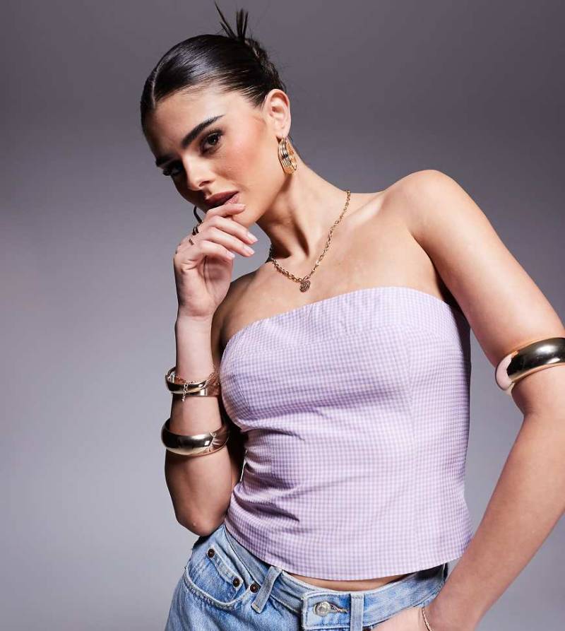 Kaiia Exklusiv - Trägerloses Cropped-Top mit hohem Baumwollanteil und Vichy-Karos in Flieder und Rosa-Bunt von Kaiia