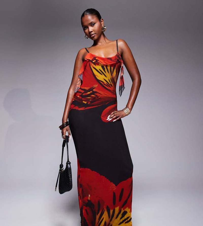 Kaiia - Exklusiv - Zweilagiges, anschmiegsames Maxi-Trägerkleid mit rotem Blumenmuster, Rüschen und Wasserfallausschnitt hinten von Kaiia