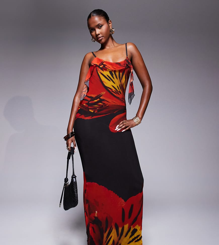 Kaiia - Exklusiv - Zweilagiges, anschmiegsames Maxi-Trägerkleid mit rotem Blumenmuster, Rüschen und Wasserfallausschnitt hinten von Kaiia