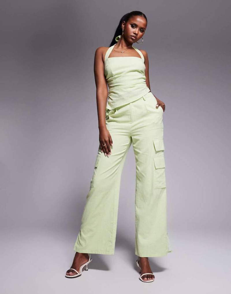 Kaiia - Exklusive Cargohose in apfelgrüner Leinenoptik mit Taschendetail, Kombiteil von Kaiia