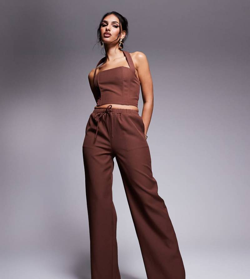Kaiia - Exklusive Hose in Schokobraun mit weitem Bein und Kordelzugbund, Kombiteil von Kaiia