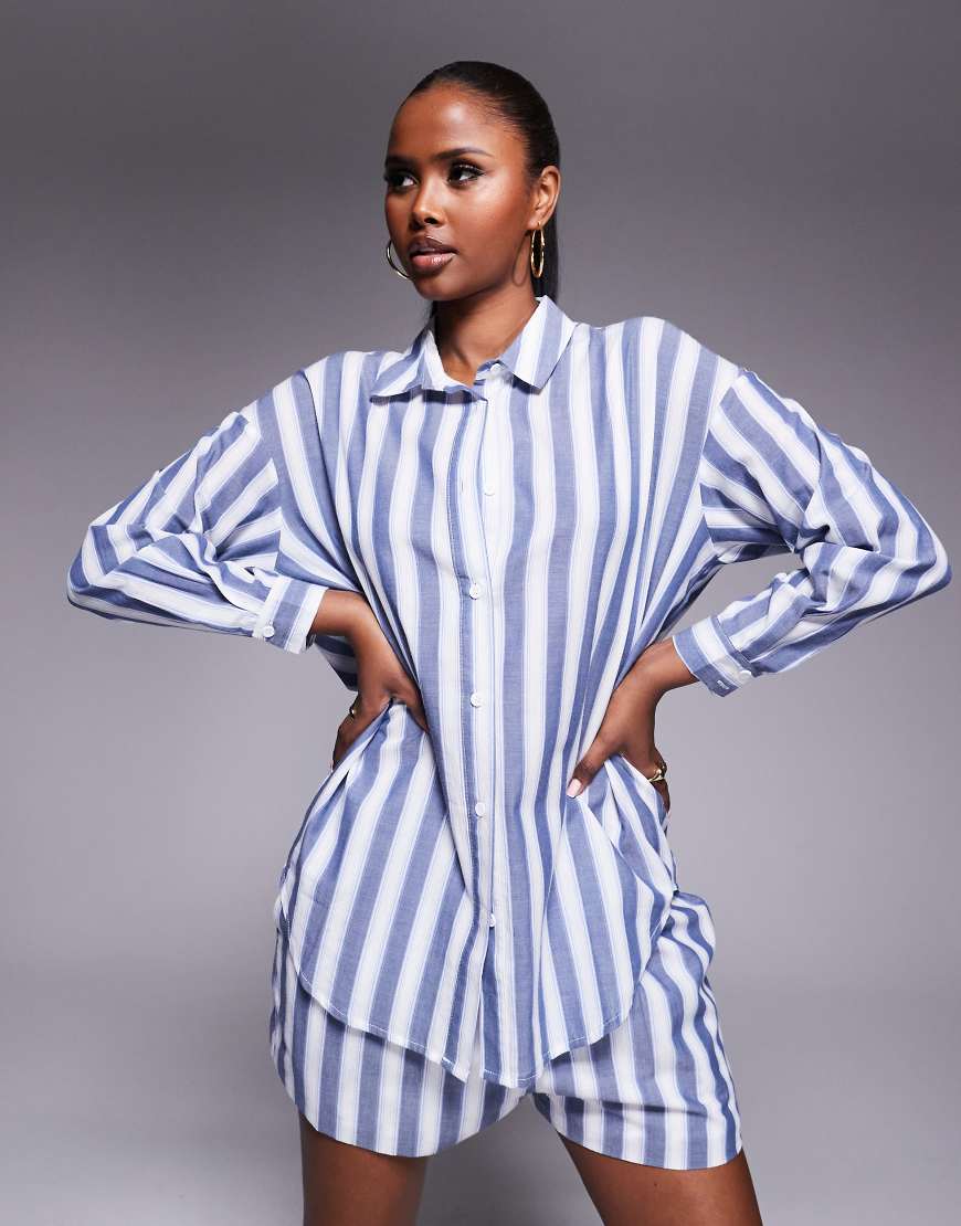 Kaiia - Exklusive Oversize-Hemdbluse aus Baumwolle mit maritimem Streifenmuster in Blau und Weiß, Kombiteil-Bunt von Kaiia