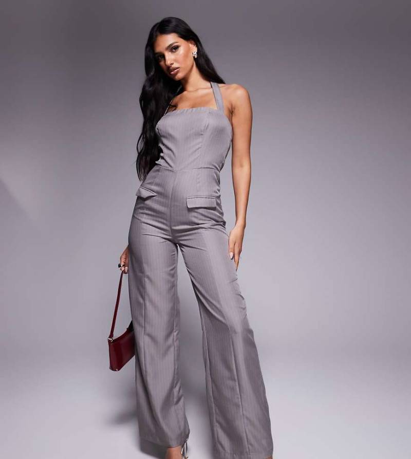 Kaiia - Exklusiver, eleganter Neckholder-Jumpsuit in Grau mit weitem Bein und Nadelstreifen-Neutral von Kaiia