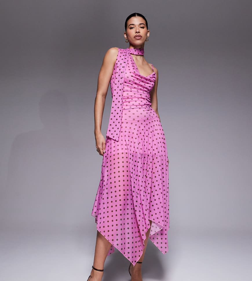 Kaiia - Exklusiver, figurbetonter Netzstoff-Maxirock in Rosa mit asymmetrischem Zipfelsaum und braunen Polka Dots, Kombiteil-Bunt von Kaiia