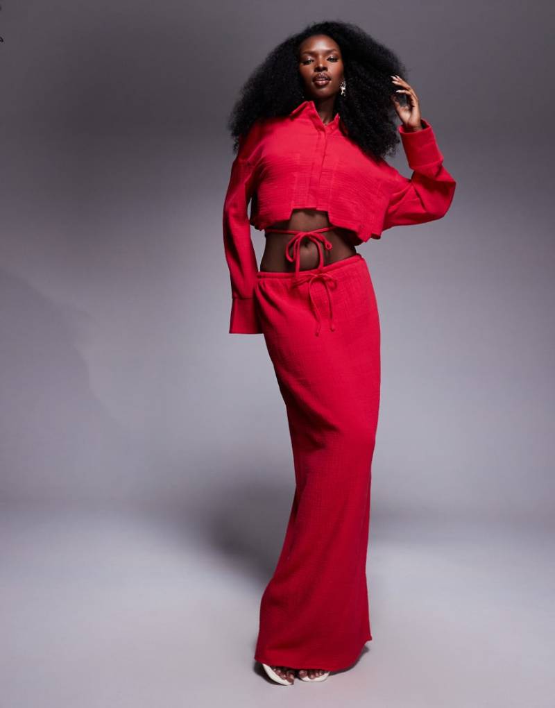 Kaiia - Exklusiver, strukturierter Baumwoll-Maxirock in Rot mit Tunnelzug, Kombiteil-Braun von Kaiia