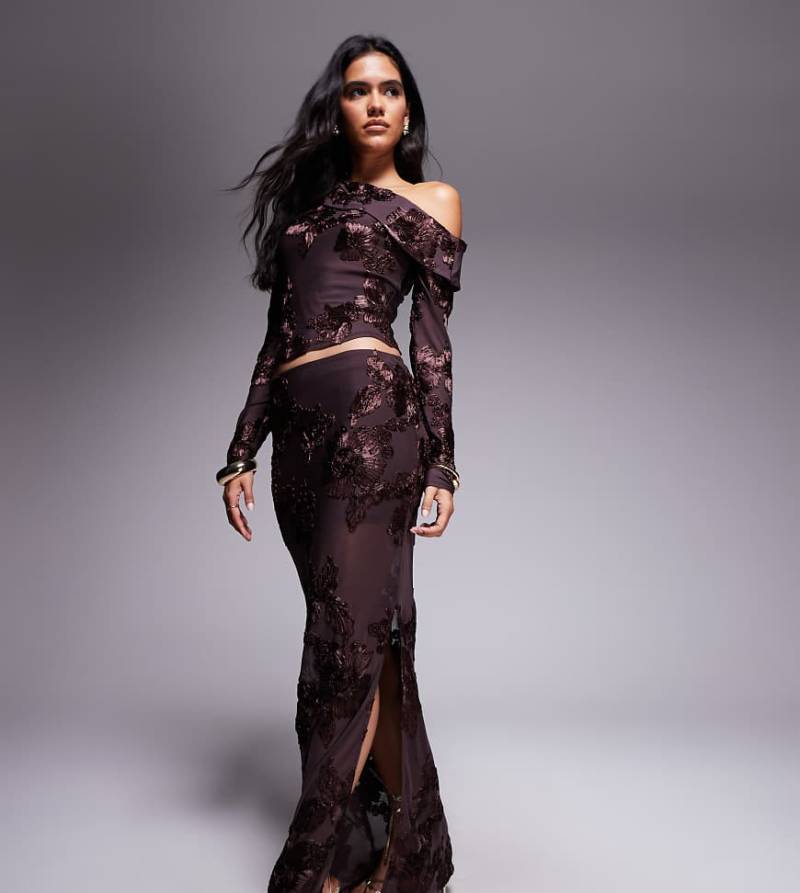 Kaiia - Exklusiver, strukturierter Maxirock in Schokobraun mit Blumenmuster und Seitenschlitz, Kombiteil-Brown von Kaiia