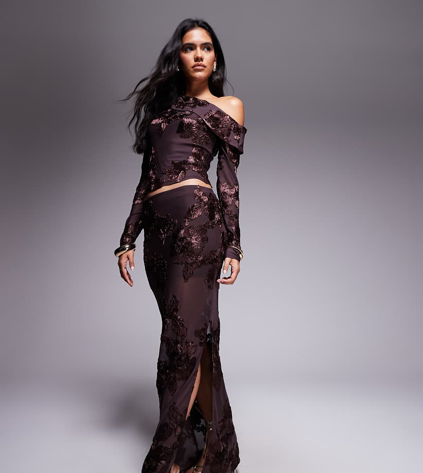 Kaiia - Exklusiver, strukturierter Maxirock in Schokobraun mit Blumenmuster und Seitenschlitz, Kombiteil-Brown von Kaiia