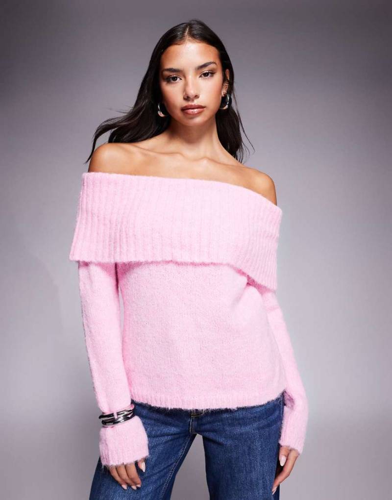 Kaiia - Exklusiver, strukturierter Strickpullover in Zartrosa mit Wollhaptik und breit umgeschlagenem Carmen-Ausschnitt von Kaiia