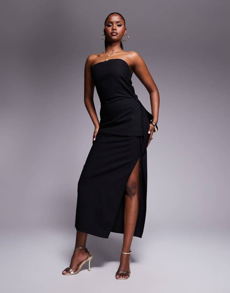 Kaiia - Exclusive - Midaxi-Rock aus Baumwollmix in schwarzer Leinenoptik mit Seitenschlitz und Bindedetail, Kombiteil von Kaiia