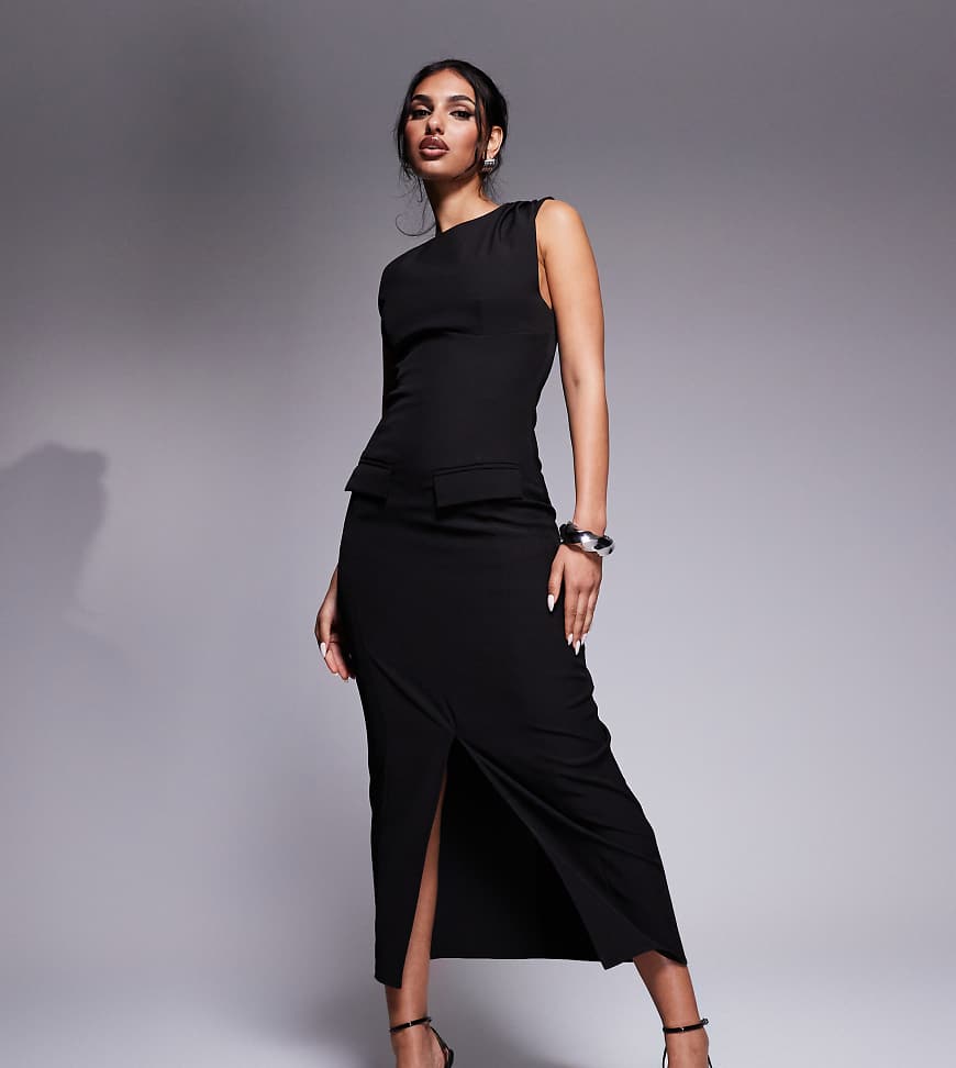 Kaiia - Exklusives, ärmelloses, hochgeschlossenes Maxikleid in Schwarz mit elegantem Flair und Schlitz vorne von Kaiia