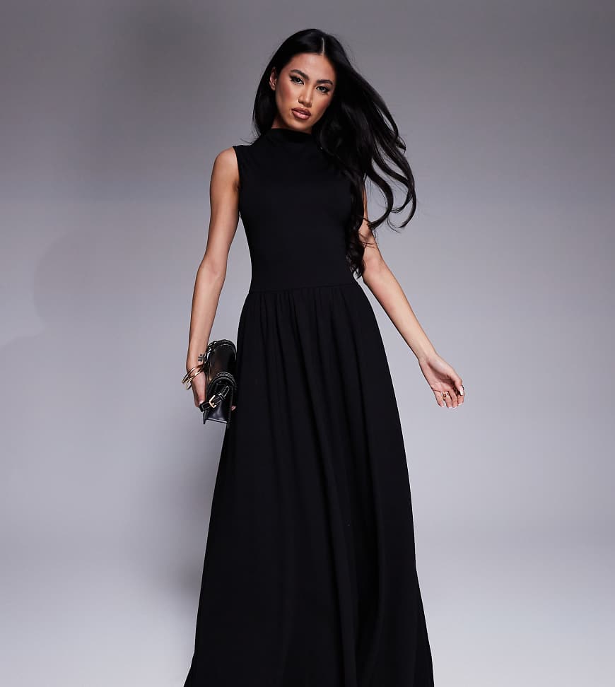Kaiia - Exklusives, ärmelloses, hochgeschlossenes Maxikleid in Schwarz mit gerafftem Rock von Kaiia