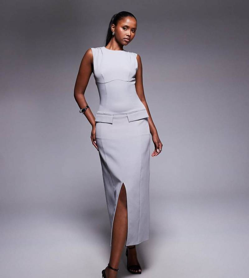 Kaiia - Exklusives, ärmelloses, hochgeschlossenes Maxikleid in Steingrau mit elegantem Flair, Schlitz vorne und Taschendetail-Neutral von Kaiia