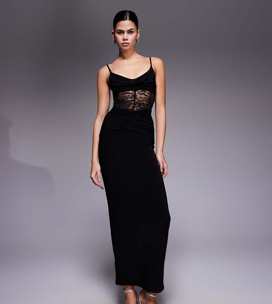 Kaiia - Exklusives, doppellagiges, figurbetontes Maxikleid in Schwarz aus Spitze mit transparentem Korsettdetail von Kaiia