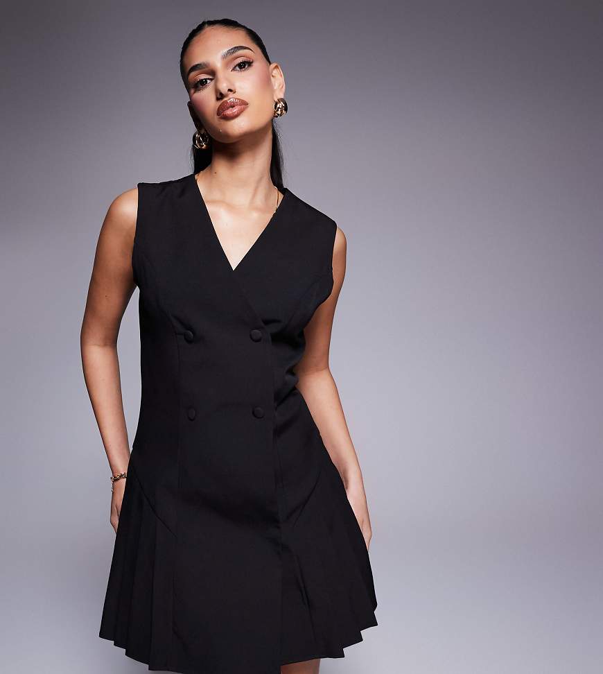 Kaiia - Exklusives, elegantes, ärmelloses Minikleid in Schwarz mit Faltenrocksaum und Knopfleiste Kaiia - Exklusives, elegantes, ärmelloses Minikleid in Schwarz mit Faltenrocksaum und Knopfleiste von Kaiia
