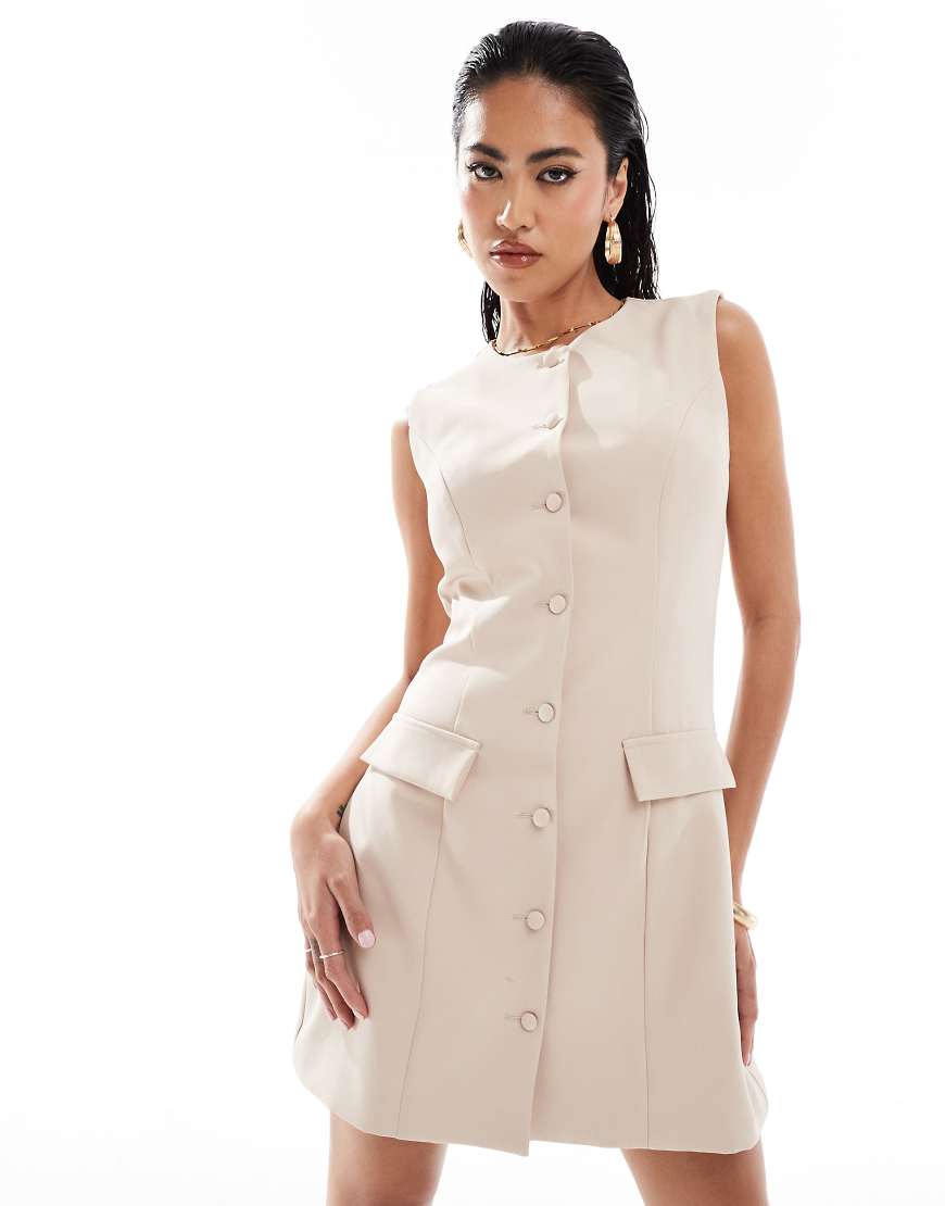 Kaiia - Exklusives, elegantes, ärmelloses Minikleid in Steinbeige mit durchgehender Knopfleiste und Taschendetail-Neutral von Kaiia