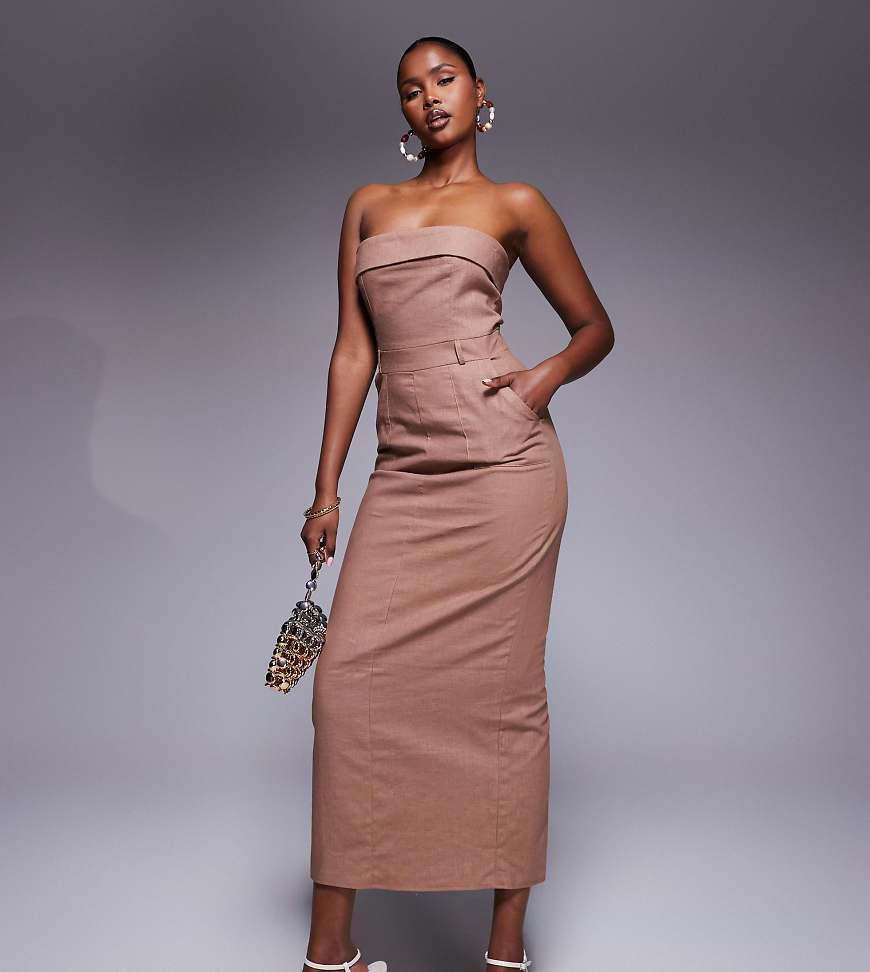 Kaiia - Exklusives, elegantes, trägerloses Leinen-Maxikleid in Braun mit Umschlag und Schlitz hinten von Kaiia
