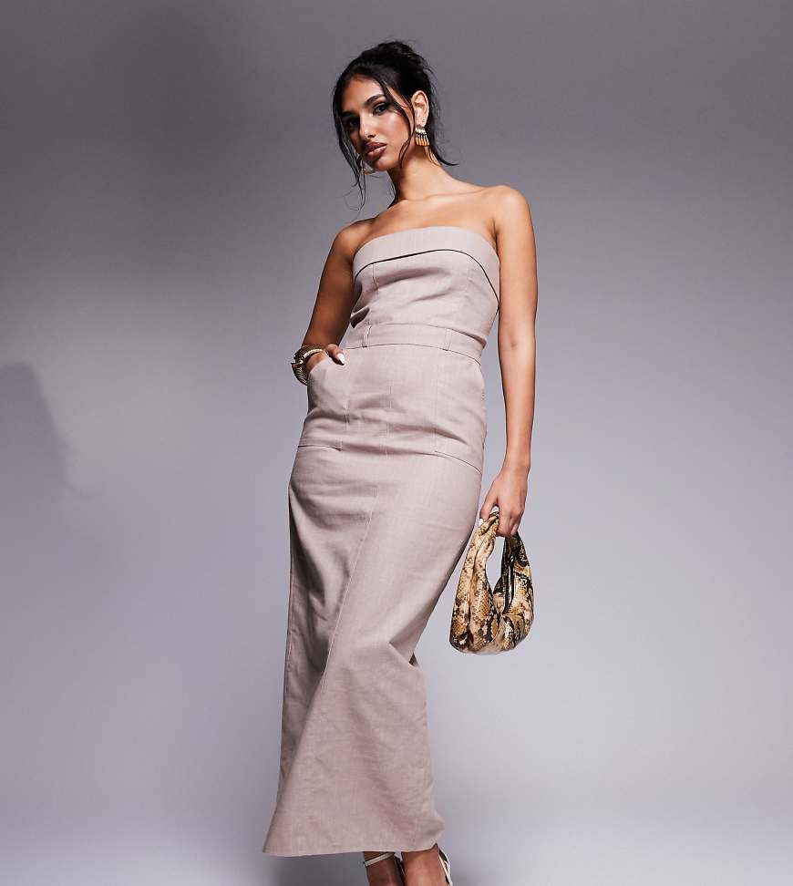 Kaiia - Exklusives, elegantes, trägerloses Leinen-Maxikleid in Steinbeige mit Umschlag und Schlitz hinten-Neutral von Kaiia