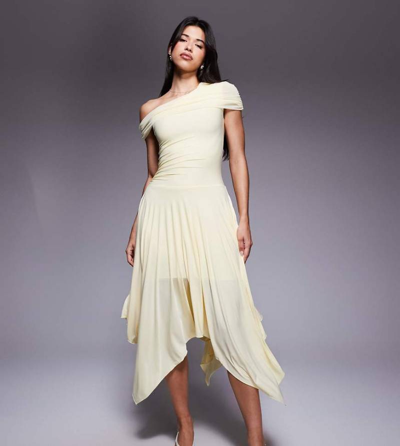 Kaiia - Exklusives, figurbetontes, zweilagiges Maxikleid in Zitronengelb mit asymmetrischem Design, Drapierung, tiefer Taille und Zipfelsaum von Kaiia