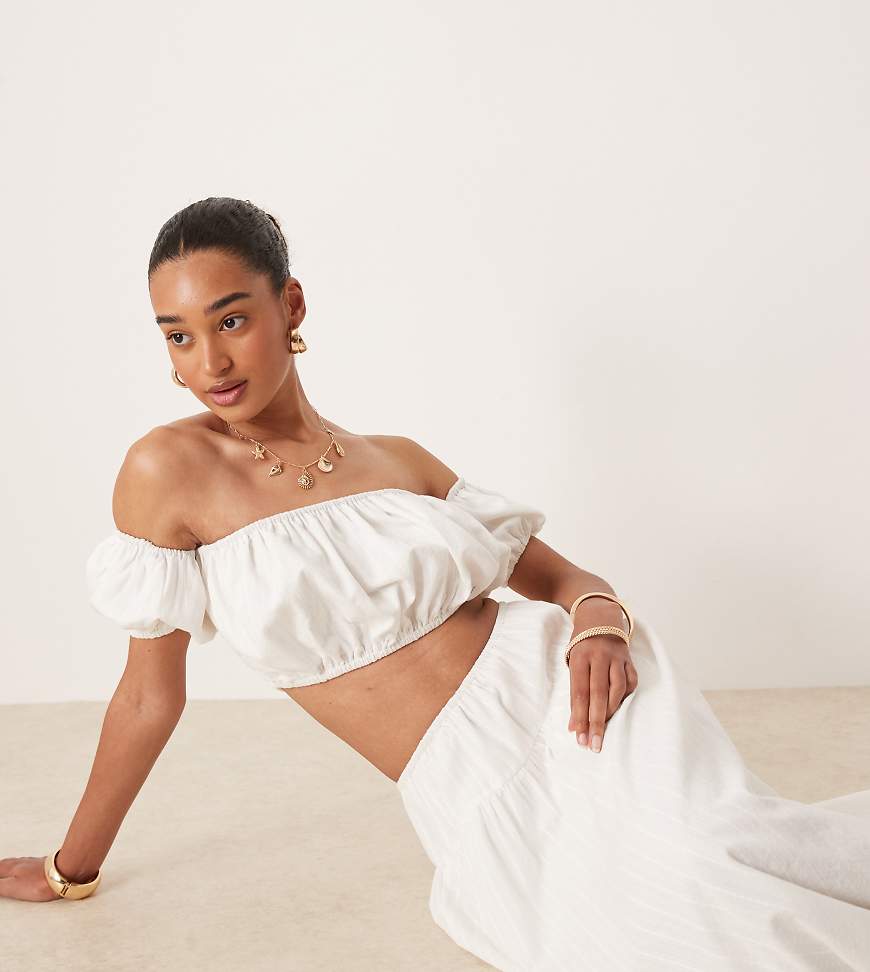 Kaiia - Exklusives, gerafftes, bauschiges Cropped Top aus weißer Baumwolle mit Carmen-Ausschnitt, Kombiteil von Kaiia