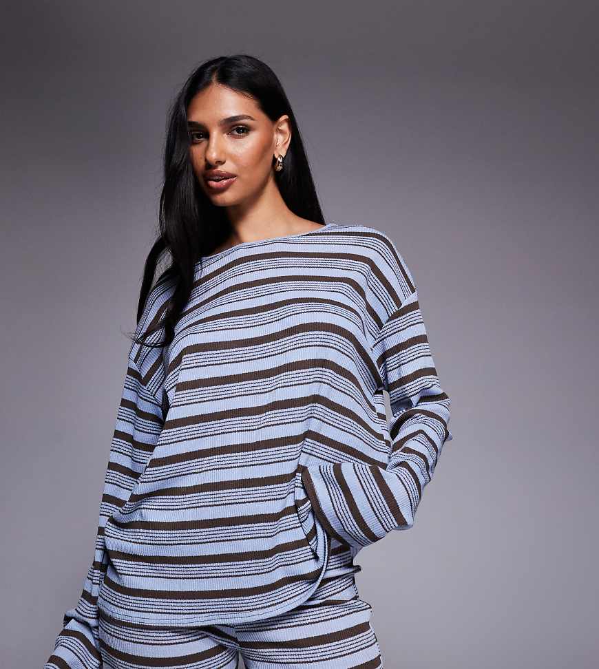 Kaiia - Exklusives, langärmliges Oversize-Shirt aus Rippstrick in Blau und Schokobraun mit Streifen, Kombiteil-Bunt von Kaiia