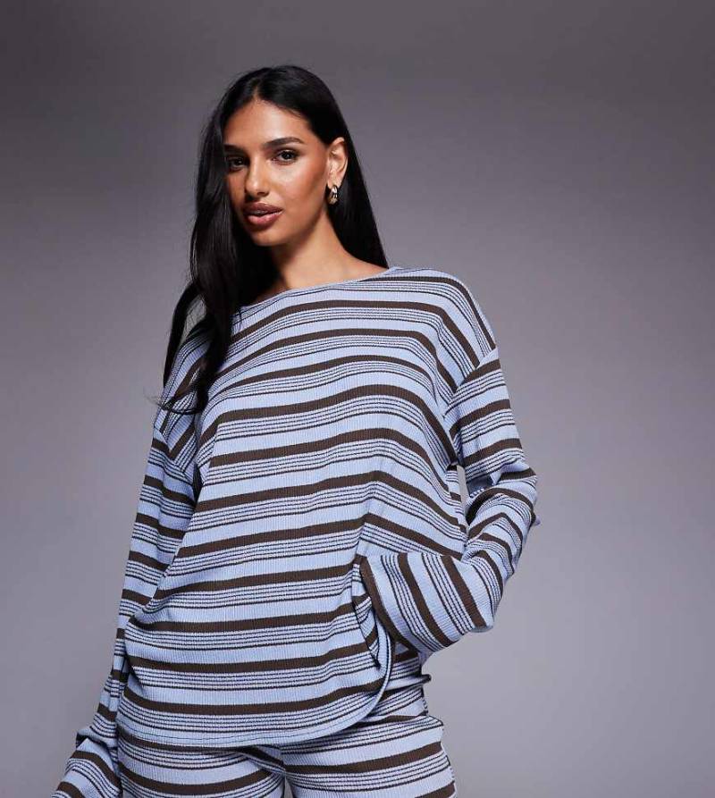 Kaiia - Exklusives, langärmliges Oversize-Shirt aus Rippstrick in Blau und Schokobraun mit Streifen, Kombiteil-Bunt von Kaiia