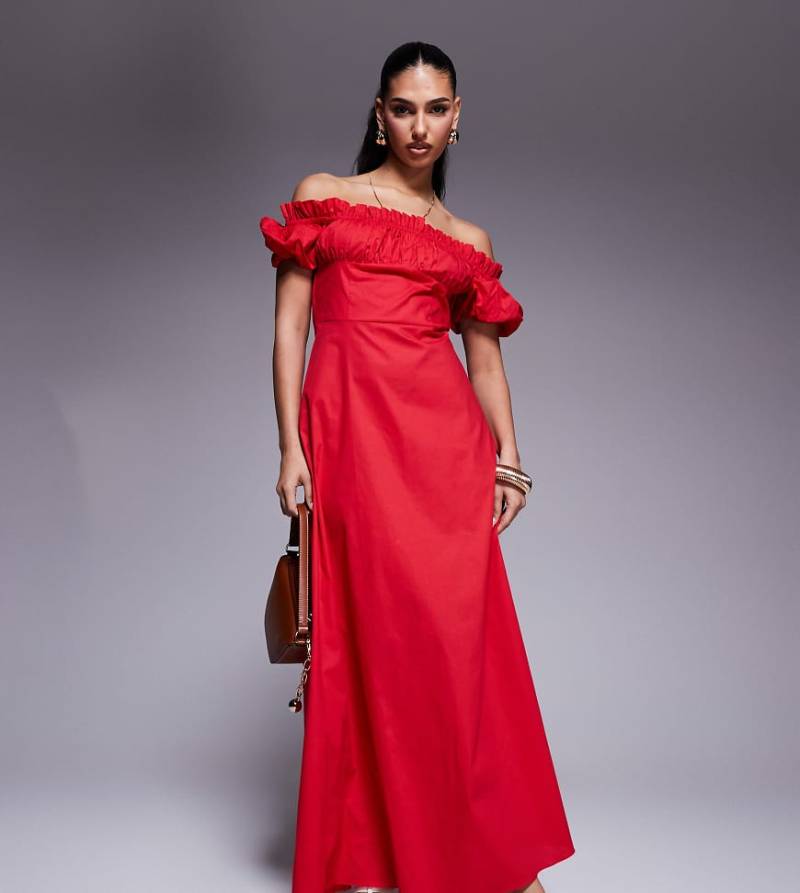 Kaiia Exklusiv - Maxikleid aus Popeline in Rot mit hohem Baumwollanteil, Carmen-Ausschnitt und Puffärmeln von Kaiia