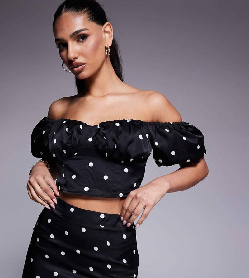 Kaiia - Exklusives Cropped-Oberteil aus Satin in Schwarz mit Puffärmeln, Punktmuster und Bardot-Ausschnitt, Kombiteil-Bunt Kaiia - Exklusives Cropped-Oberteil aus Satin in Schwarz mit Puffärmeln, Punktmuster und Bardot-Ausschnitt, Kombiteil-Bunt von Kaiia