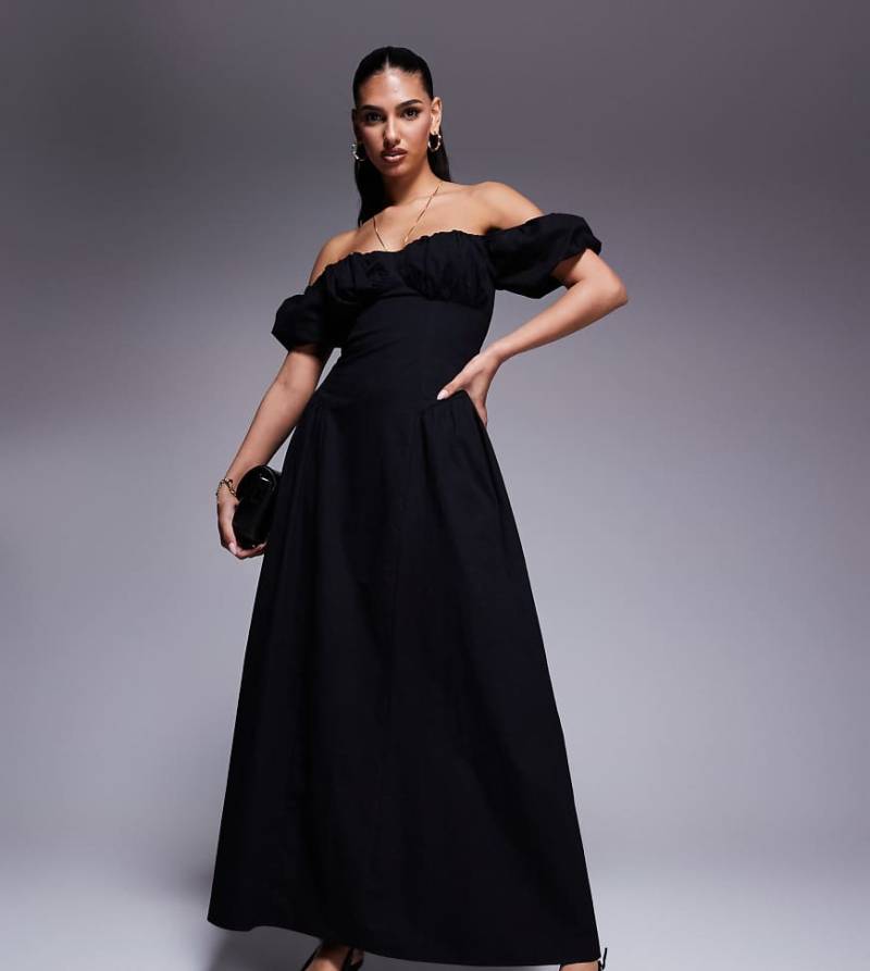 Kaiia - Exklusives Maxikleid aus Baumwolle in Schwarz mit Milchmädchen-Ausschnitt, Puffärmeln und Faltendetail an der Hüfte von Kaiia