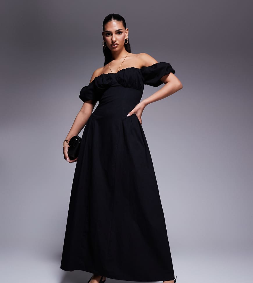 Kaiia - Exklusives Maxikleid aus Baumwolle in Schwarz mit Milchmädchen-Ausschnitt, Puffärmeln und Faltendetail an der Hüfte von Kaiia