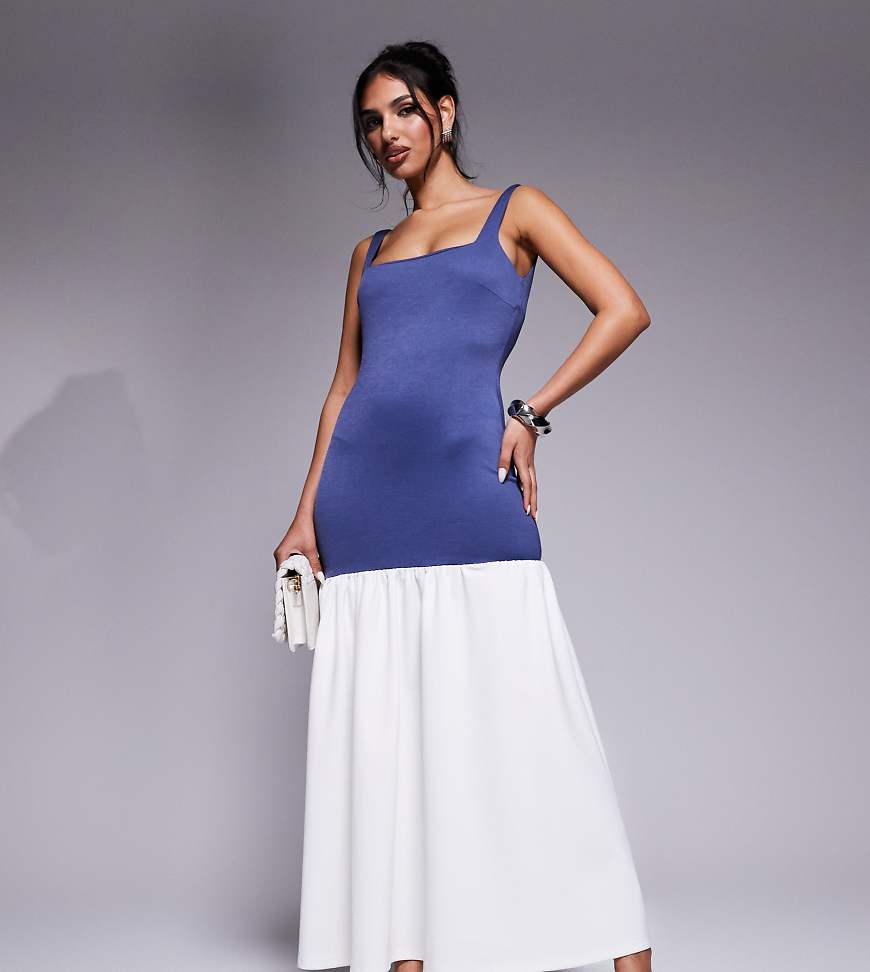 Kaiia - Exklusives Maxikleid in Dunkelblau und Creme mit eckigem Ausschnitt, tief angesetztem Bund und Kontrastdesign von Kaiia