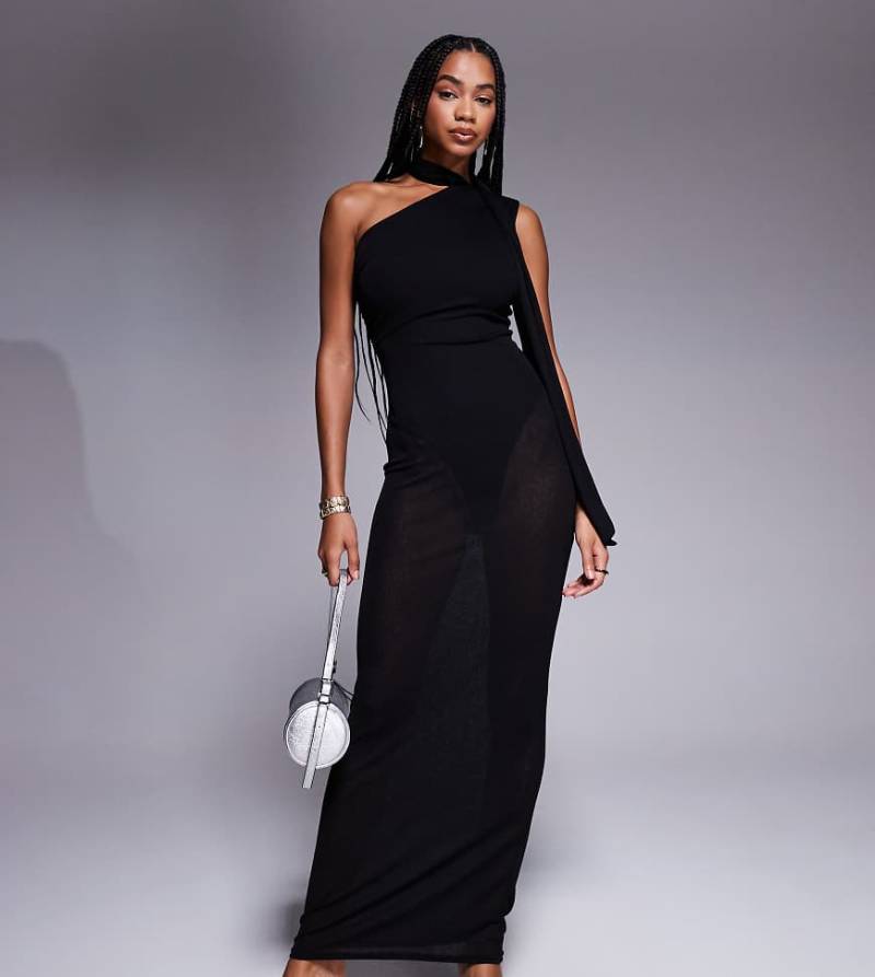 Kaiia - Exclusive - Maxikleid in Schwarz aus transparentem Mesh mit One-Shoulder-Design und Schal-Detail von Kaiia