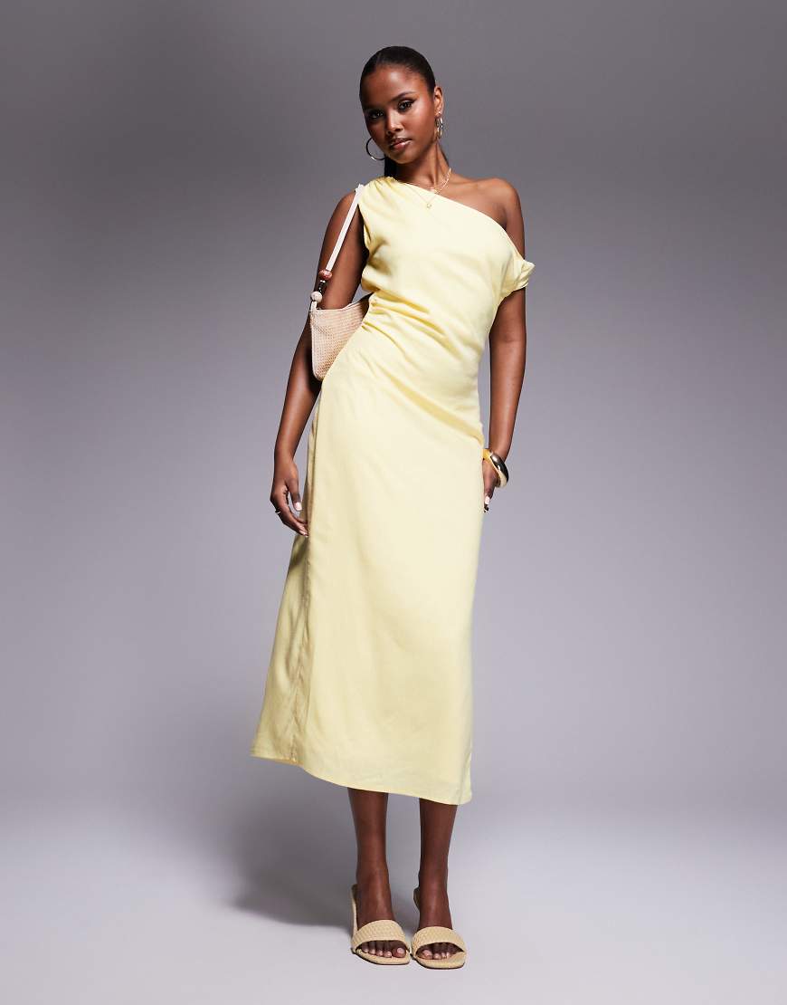 Kaiia - Exklusives Midikleid in buttergelber Leinenoptik mit verdrehtem Off-Shoulder-Detail von Kaiia