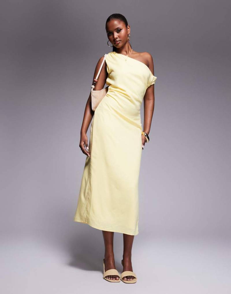 Kaiia - Exklusives Midikleid in buttergelber Leinenoptik mit verdrehtem Off-Shoulder-Detail von Kaiia