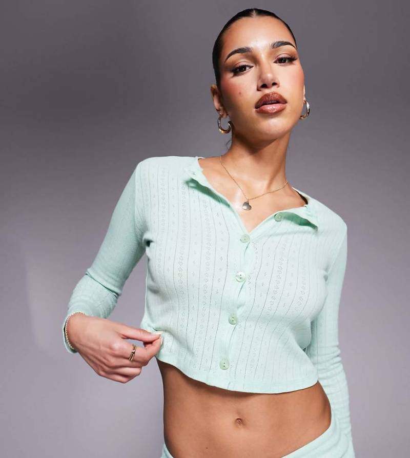 Kaiia - Exklusiv - Pyjama-Oberteil aus Pointelle mit hohem Baumwollanteil in Minzgrün mit Knopfleiste, Kombiteil von Kaiia