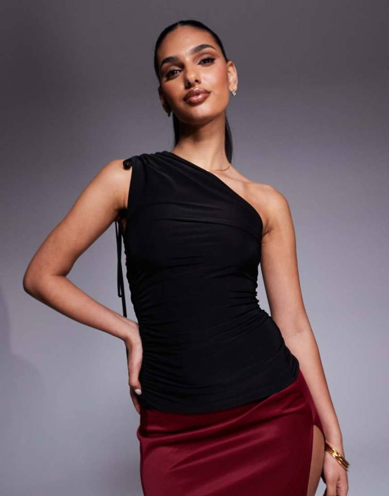 Kaiia - Exclusive - Anschmiegsames, doppellagiges Trägertop in Schwarz mit One-Shoulder-Träger zum Binden von Kaiia