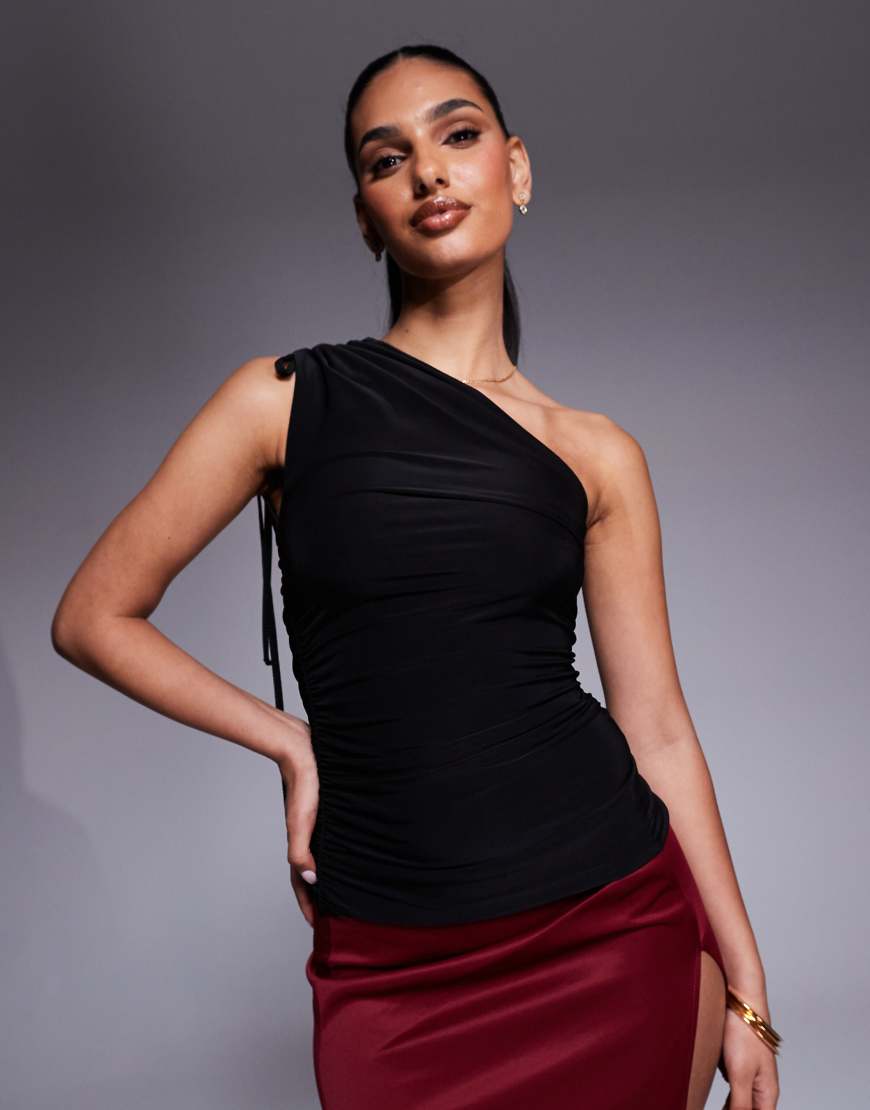 Kaiia - Exclusive - Anschmiegsames, doppellagiges Trägertop in Schwarz mit One-Shoulder-Träger zum Binden von Kaiia