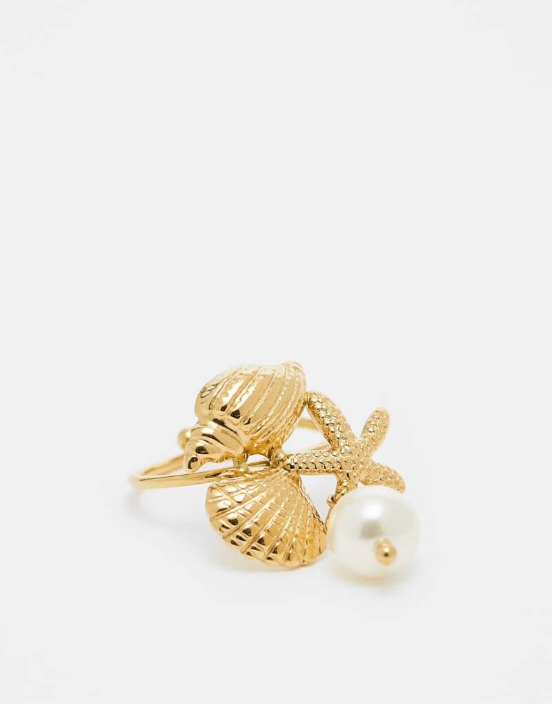 Kaiia - Goldfarbener, verstellbarer Ring aus Edelstahl mit Muschelmix-Design und Perlendetail von Kaiia