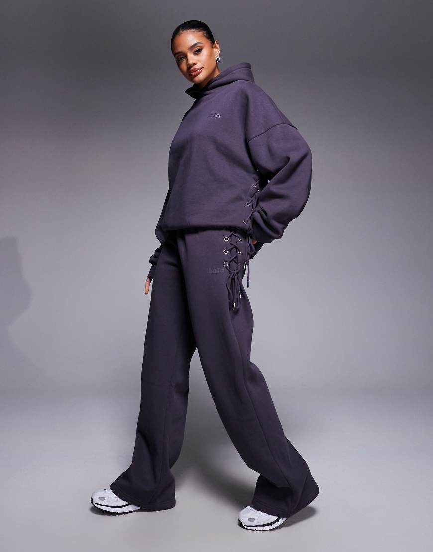 Kaiia - Jogginghose mit hohem Baumwollanteil in Anthrazit, Schnürdetail und weitem Bein, Kombiteil-Grau von Kaiia