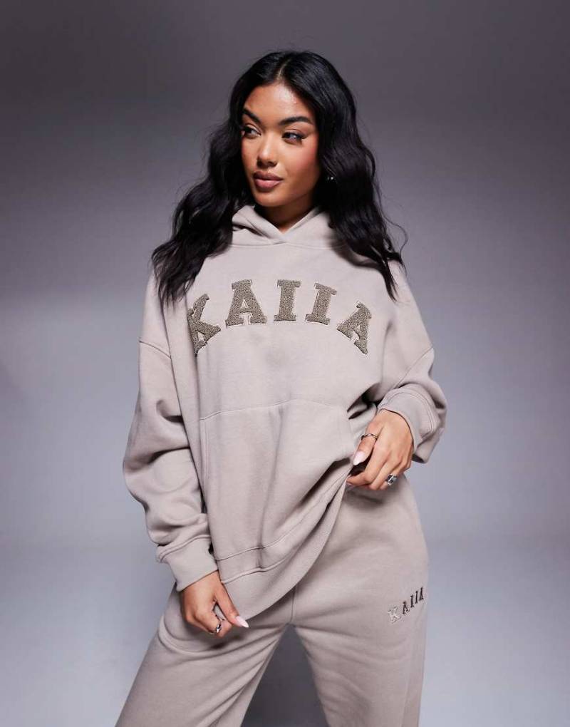Kaiia - Strukturierter Kapuzenpullover in hellem Taupe mit Logo, Kombiteil-Braun von Kaiia