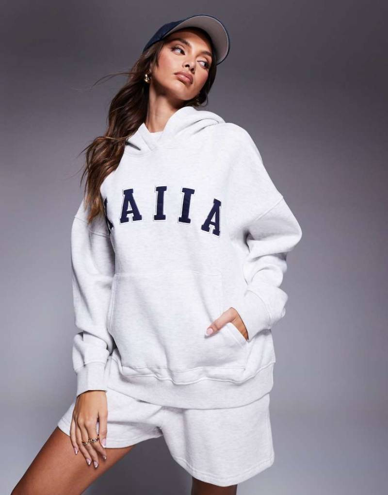 Kaiia - Oversize-Kapuzenpullover aus Baumwollmix in meliertem Hellgrau mit Logo-Stickerei, Kombiteil von Kaiia