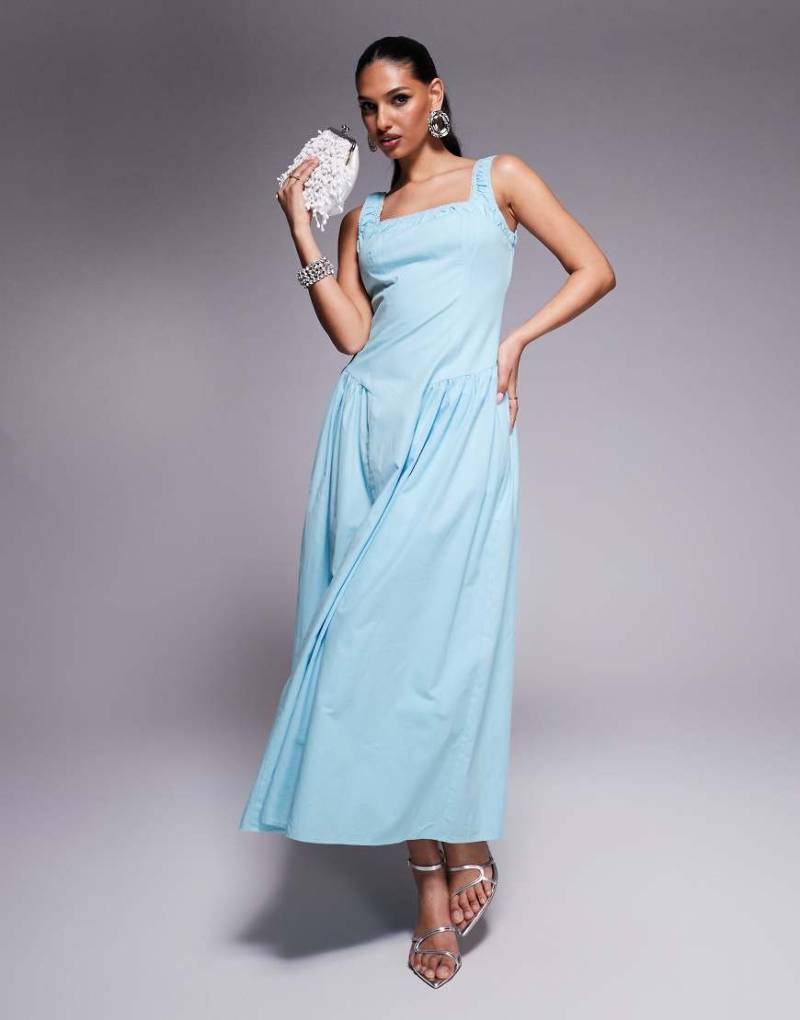 Kaiia - Exklusives Maxikleid in Babyblau mit eckigem Ausschnitt, geraffter Spitzenborte und Faltendetail an der Hüfte von Kaiia
