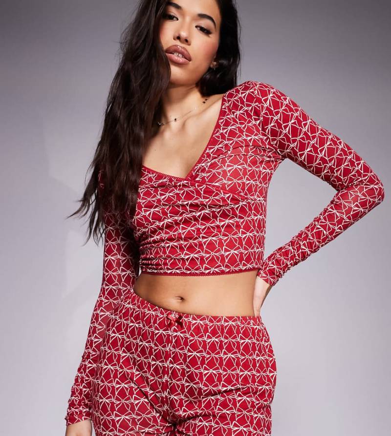 Kaiia - Mix and Match - Exklusive Pyjama-Shorts in Burgunderrot mit Schleifenmuster, Kombiteil-Bunt von Kaiia