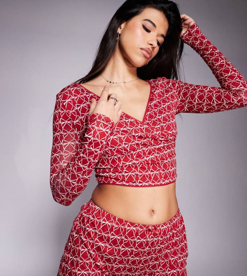 Kaiia - Mix and Match - Exklusives Pyjama-Oberteil in Burgunderrot mit gewickelter Vorderseite und Schleifenmuster, Kombiteil-Bunt von Kaiia