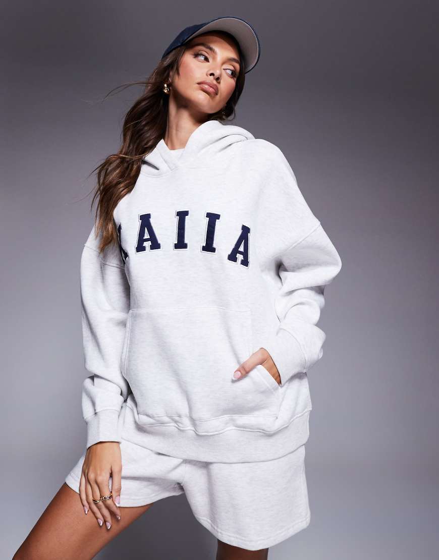 Kaiia - Oversize-Kapuzenpullover aus Baumwollmix in meliertem Hellgrau mit Logo-Stickerei, Kombiteil von Kaiia