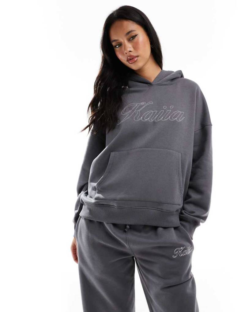 Kaiia - Oversize-Kapuzenpullover in Anthrazit mit Logo-Stickerei, Kombiteil-Grau von Kaiia